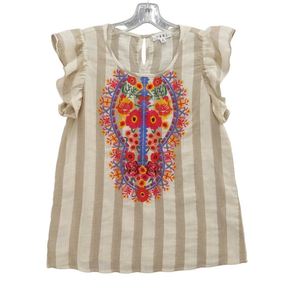 THML Tops - THML Embroidered Top‎ Striped Ruffle Sleeve Casual Blouse Boho Chic Sz S Peasant